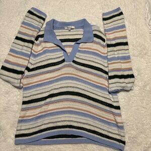 Madewell Pointelle Stripe Polo Sweater XL Blue White Crochet Knit Long Sleeve